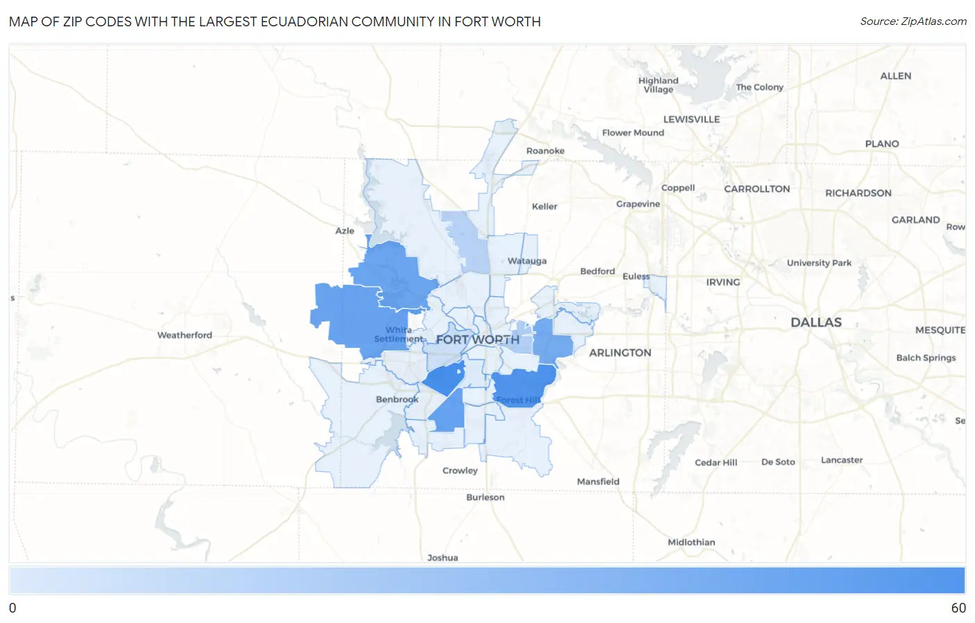 Zip Codes with the Largest Ecuadorian Community in Fort Worth Map