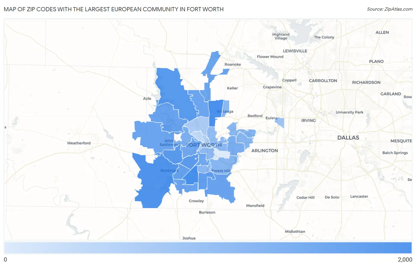 Zip Codes with the Largest European Community in Fort Worth Map