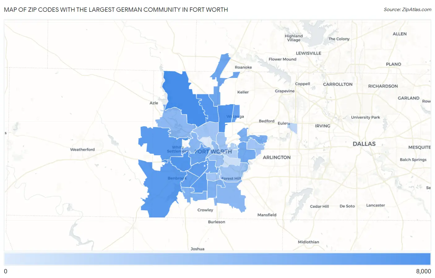Zip Codes with the Largest German Community in Fort Worth Map