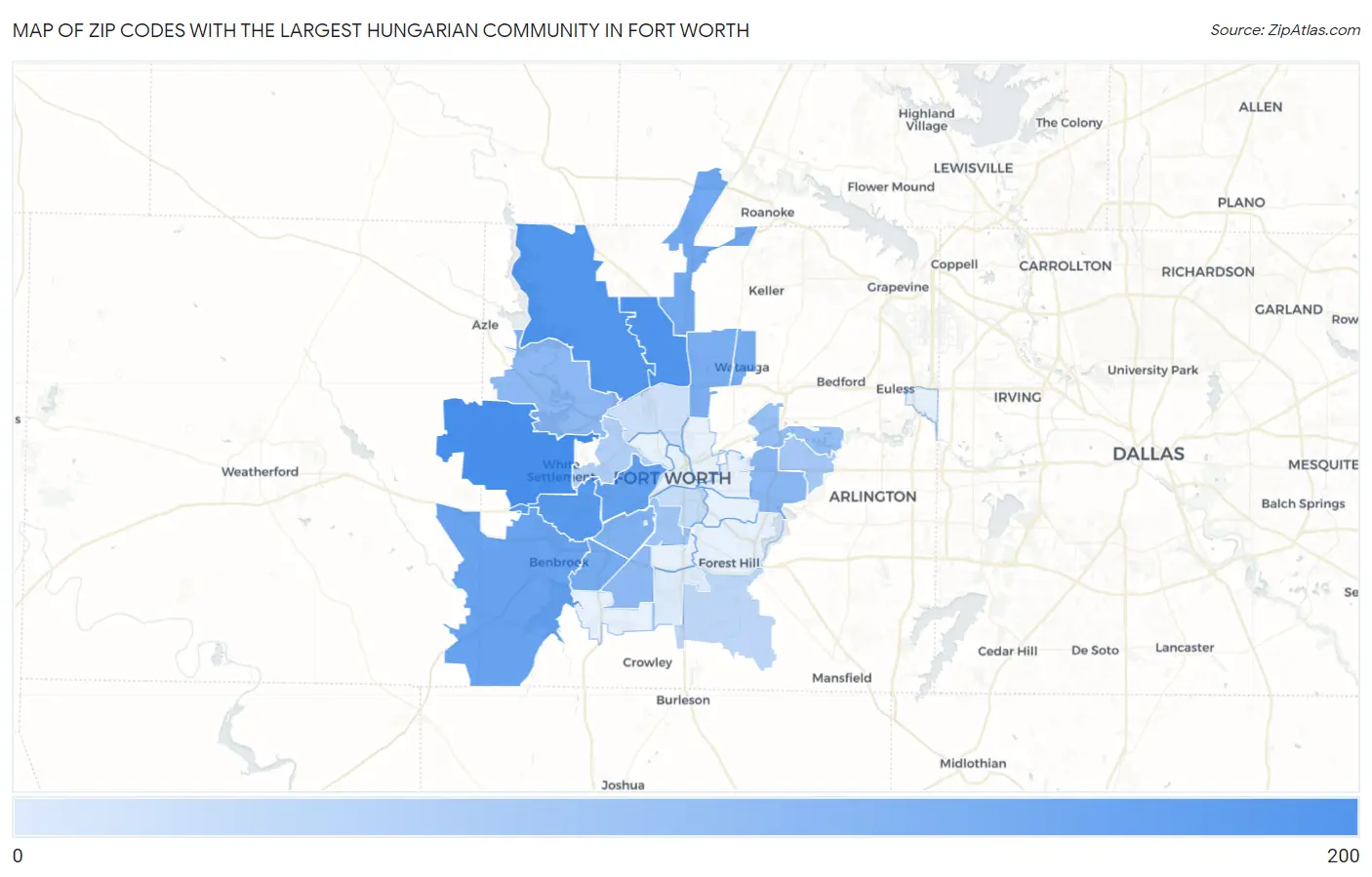 Zip Codes with the Largest Hungarian Community in Fort Worth Map