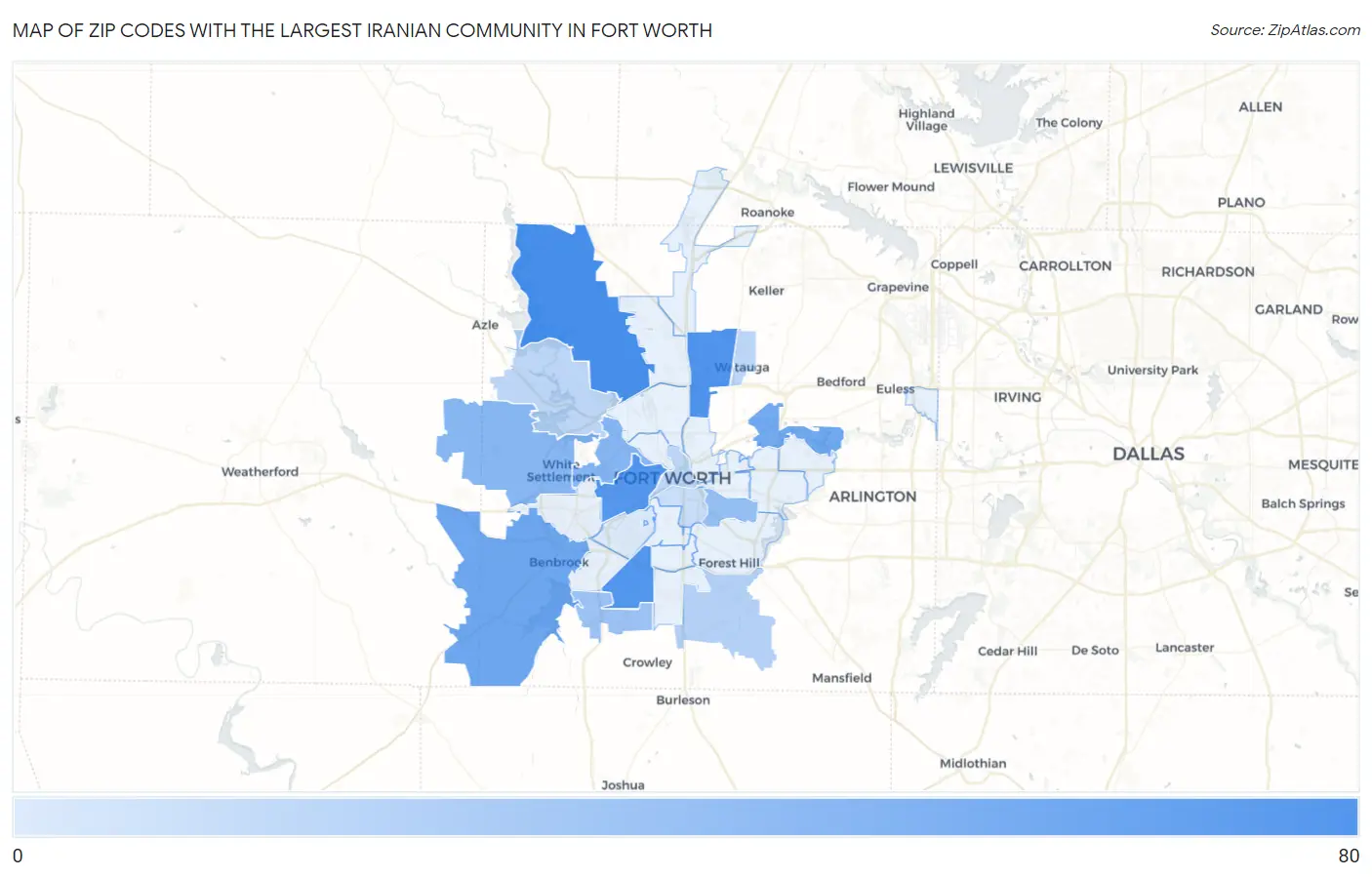 Zip Codes with the Largest Iranian Community in Fort Worth Map