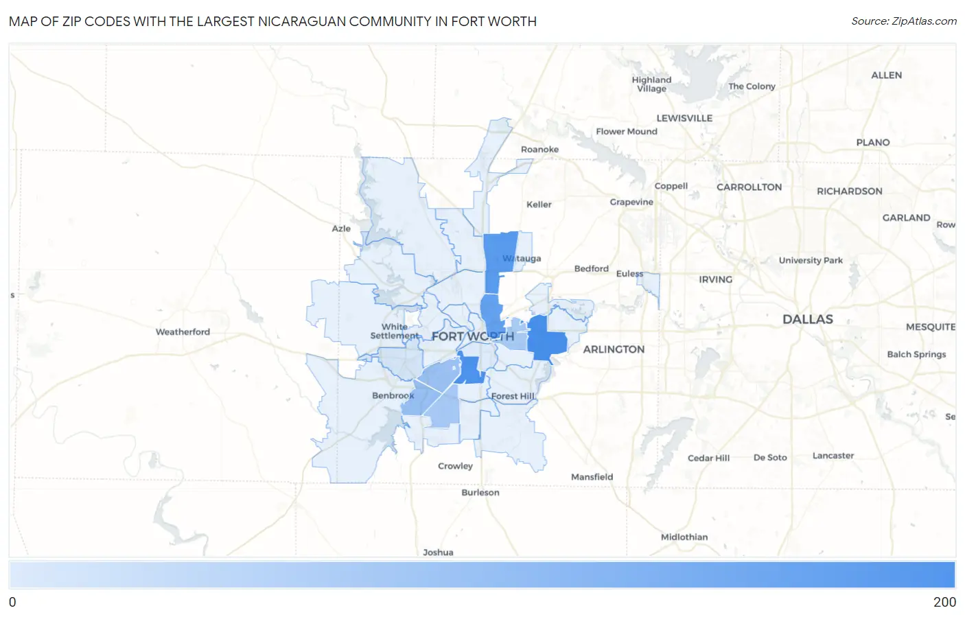 Zip Codes with the Largest Nicaraguan Community in Fort Worth Map