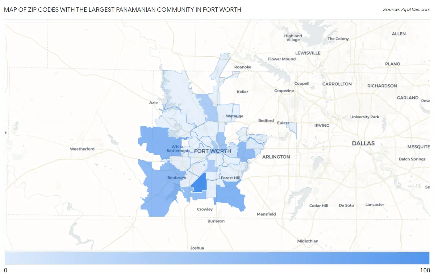 Zip Codes with the Largest Panamanian Community in Fort Worth Map