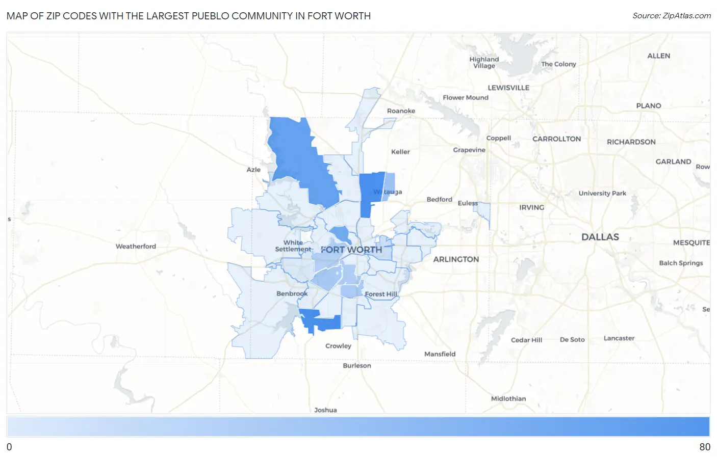 Zip Codes with the Largest Pueblo Community in Fort Worth Map