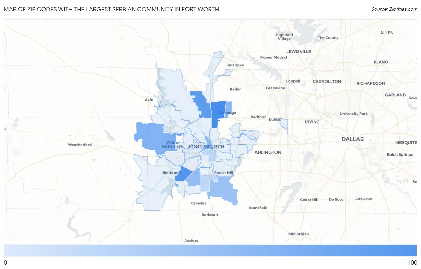 Zip Codes with the Largest Serbian Community in Fort Worth Map
