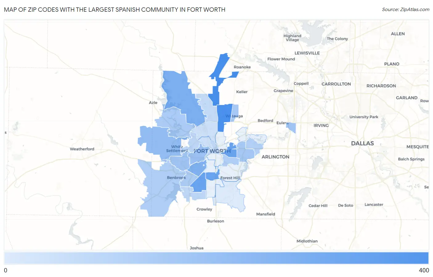 Zip Codes with the Largest Spanish Community in Fort Worth Map