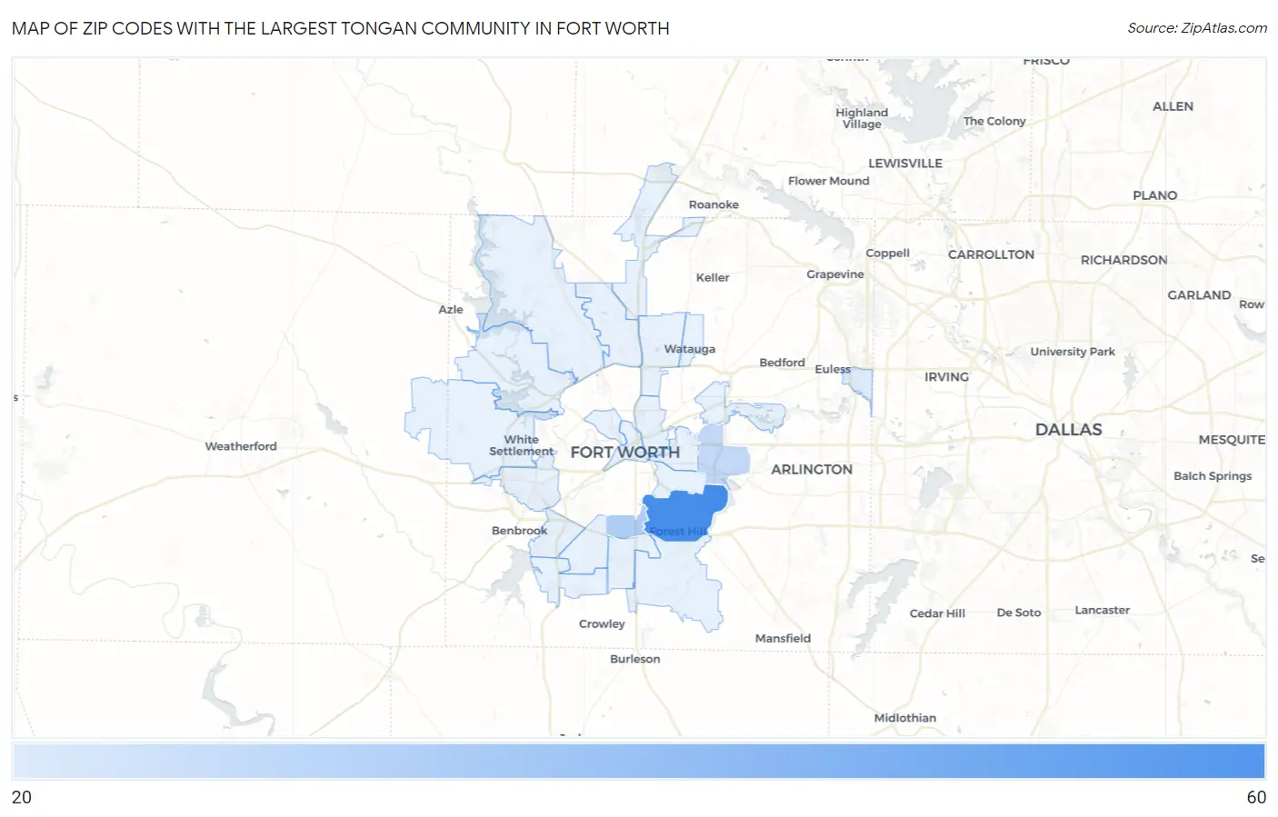 Zip Codes with the Largest Tongan Community in Fort Worth Map