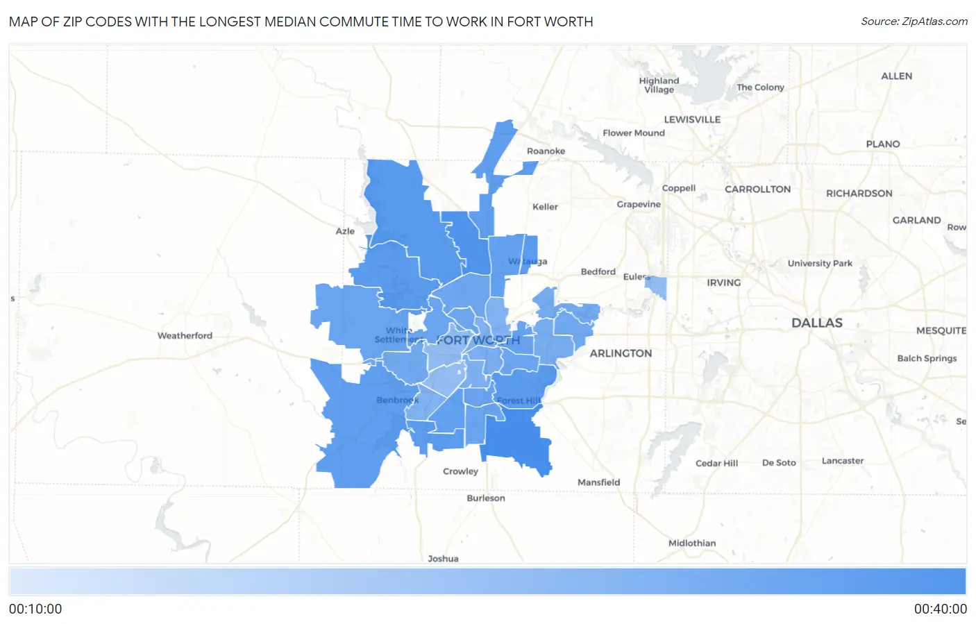 Zip Codes with the Longest Median Commute Time to Work in Fort Worth Map