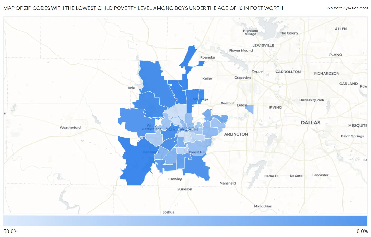 Zip Codes with the Lowest Child Poverty Level Among Boys Under the Age of 16 in Fort Worth Map