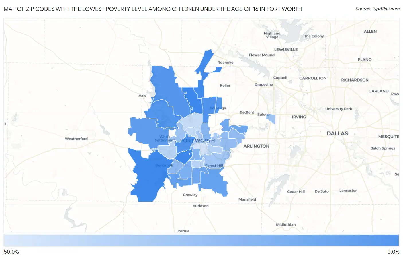 Zip Codes with the Lowest Poverty Level Among Children Under the Age of 16 in Fort Worth Map