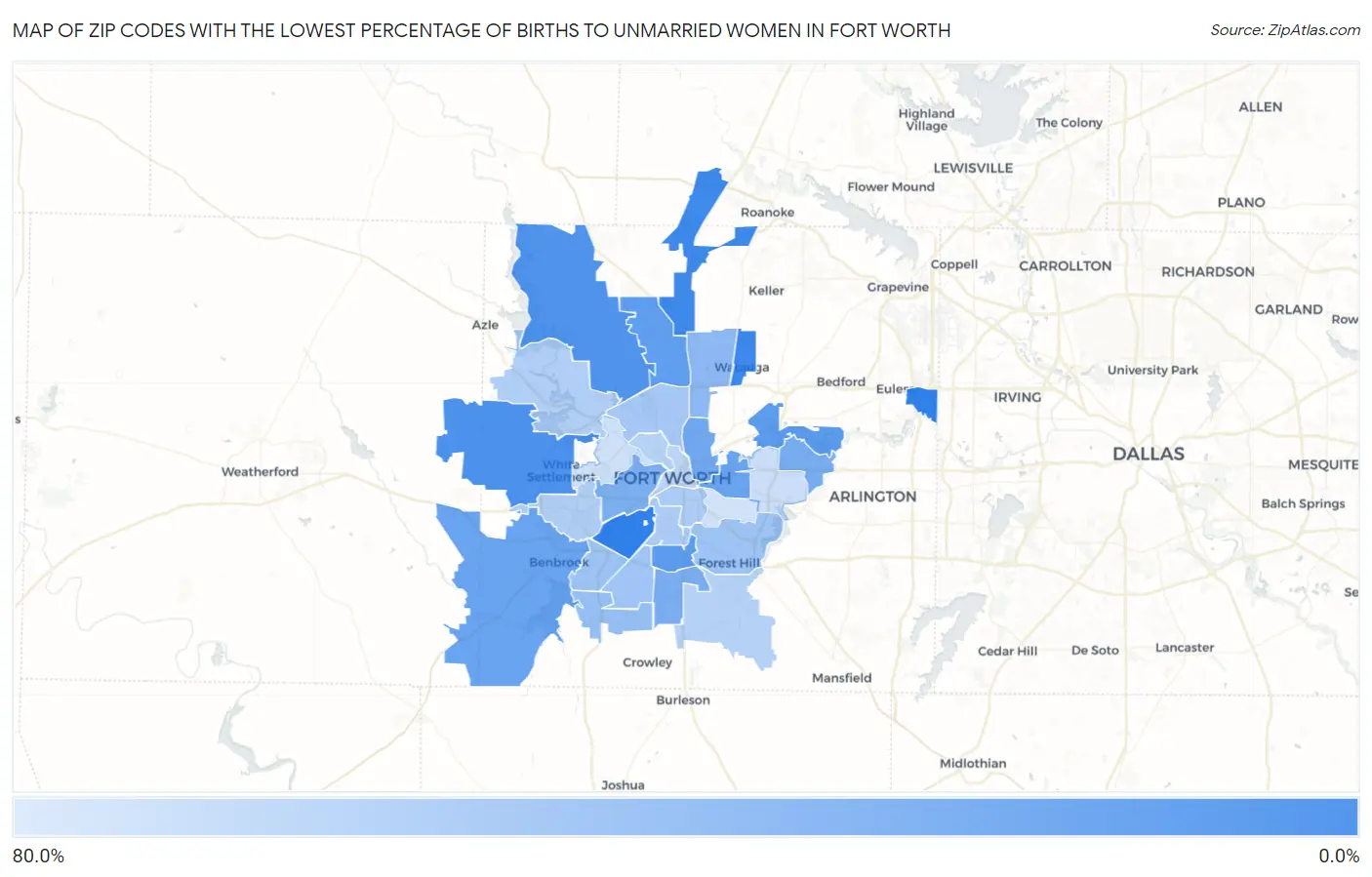 Zip Codes with the Lowest Percentage of Births to Unmarried Women in Fort Worth Map