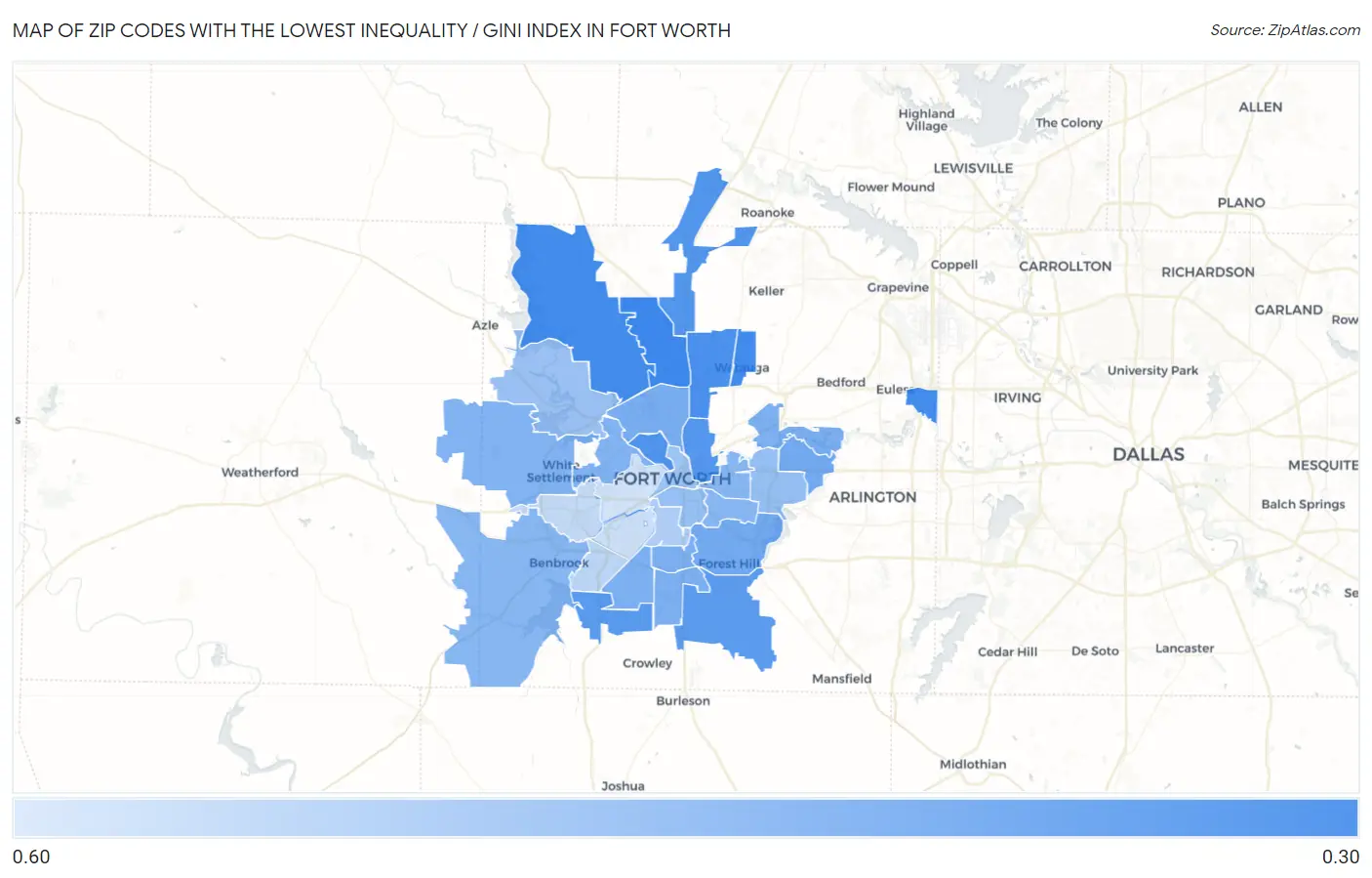 Zip Codes with the Lowest Inequality / Gini Index in Fort Worth Map