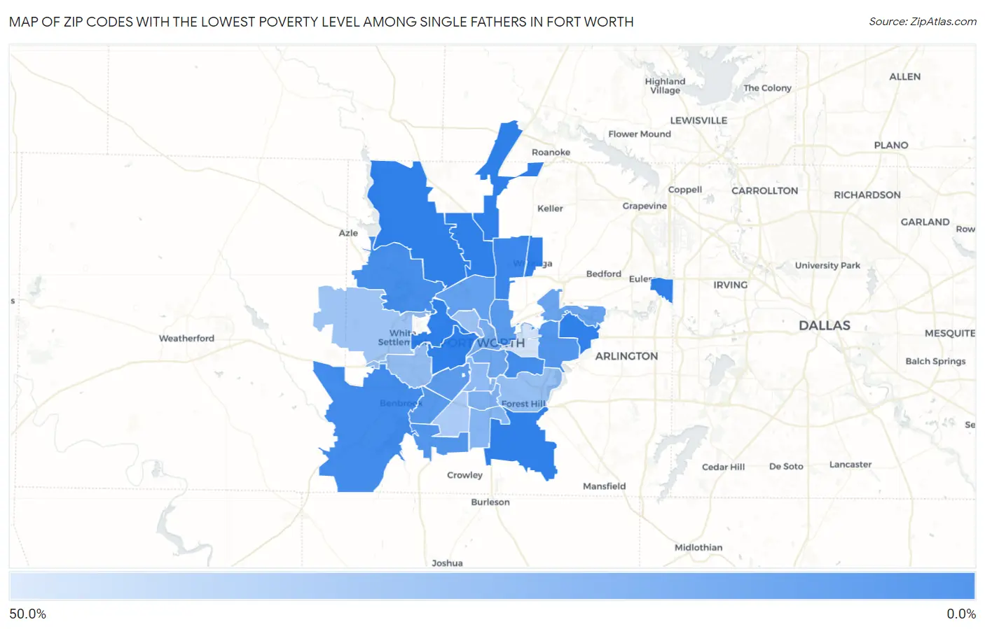 Zip Codes with the Lowest Poverty Level Among Single Fathers in Fort Worth Map