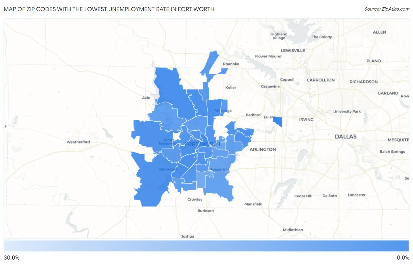 Zip Codes with the Lowest Unemployment Rate in Fort Worth Map