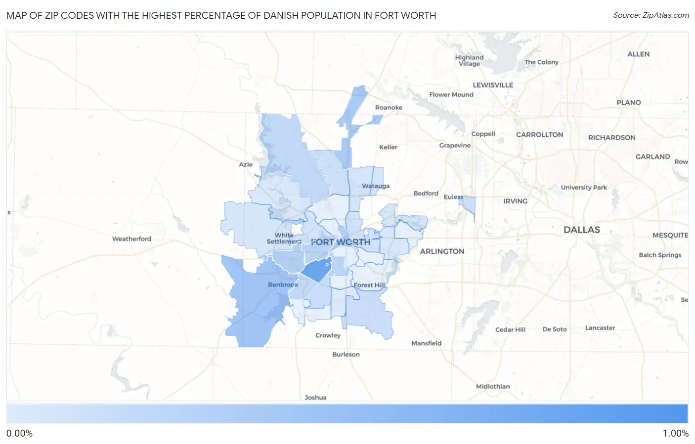 Zip Codes with the Highest Percentage of Danish Population in Fort Worth Map