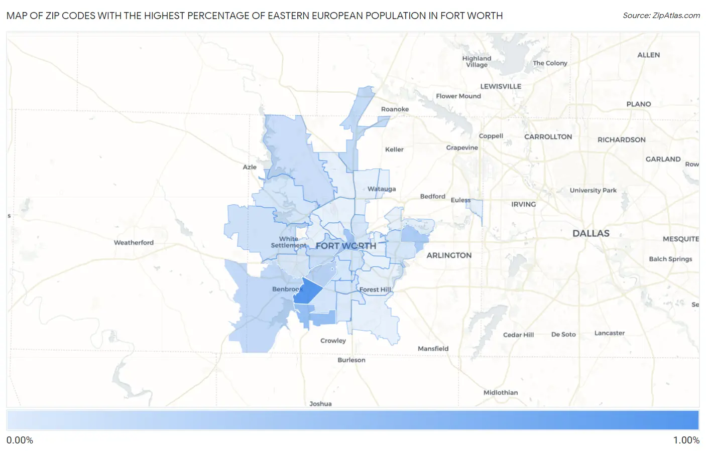 Zip Codes with the Highest Percentage of Eastern European Population in Fort Worth Map