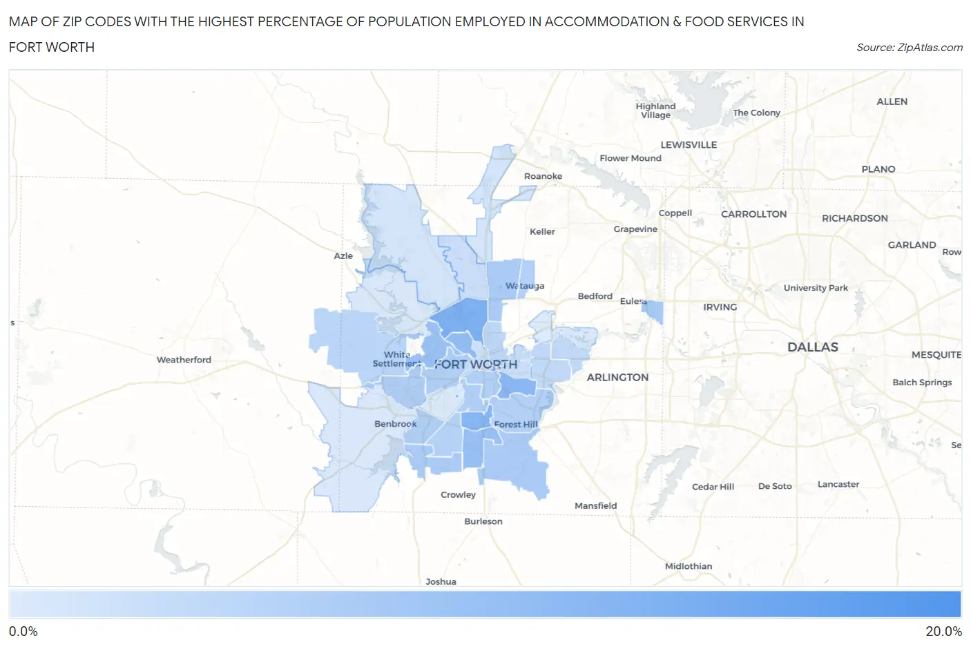 Zip Codes with the Highest Percentage of Population Employed in Accommodation & Food Services in Fort Worth Map