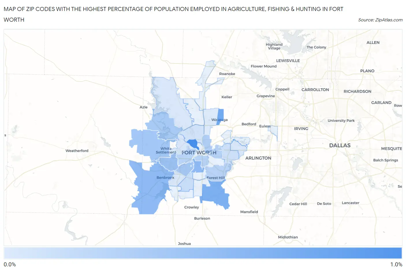 Zip Codes with the Highest Percentage of Population Employed in Agriculture, Fishing & Hunting in Fort Worth Map