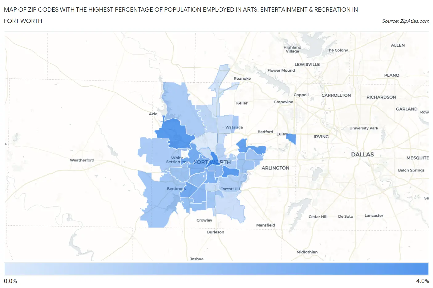 Zip Codes with the Highest Percentage of Population Employed in Arts, Entertainment & Recreation in Fort Worth Map