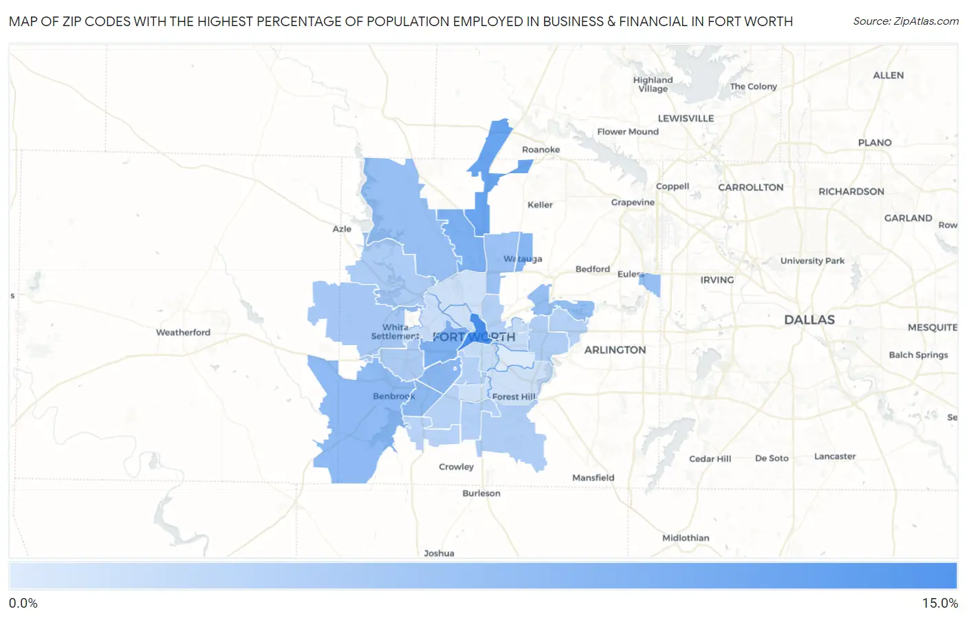 Zip Codes with the Highest Percentage of Population Employed in Business & Financial in Fort Worth Map