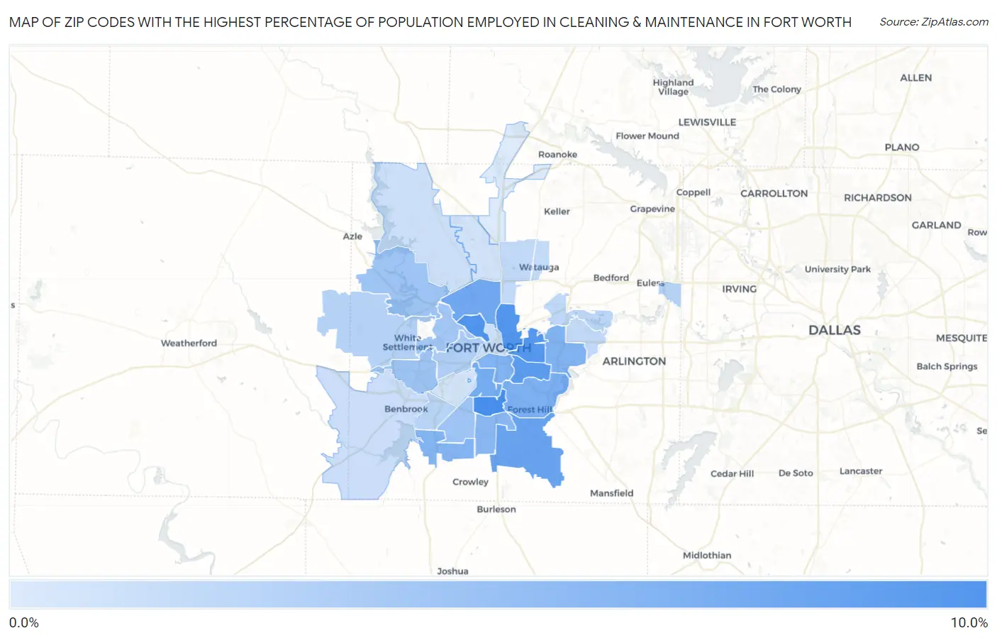 Zip Codes with the Highest Percentage of Population Employed in Cleaning & Maintenance in Fort Worth Map