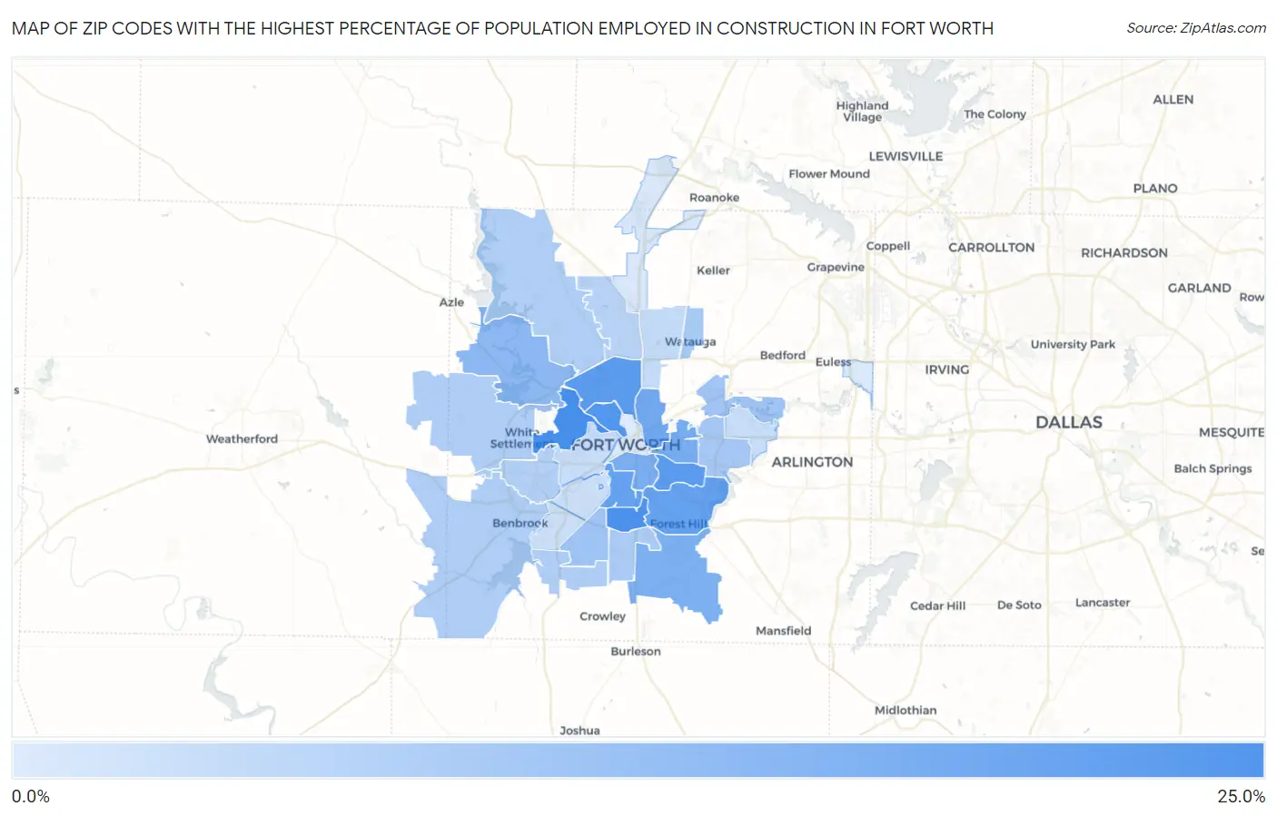Zip Codes with the Highest Percentage of Population Employed in Construction in Fort Worth Map