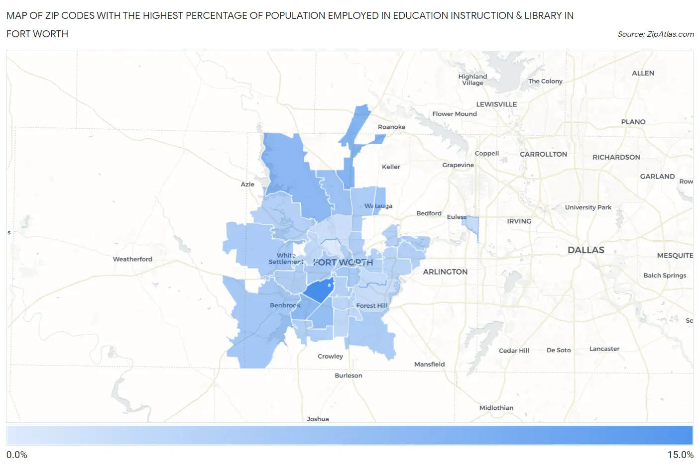Zip Codes with the Highest Percentage of Population Employed in Education Instruction & Library in Fort Worth Map