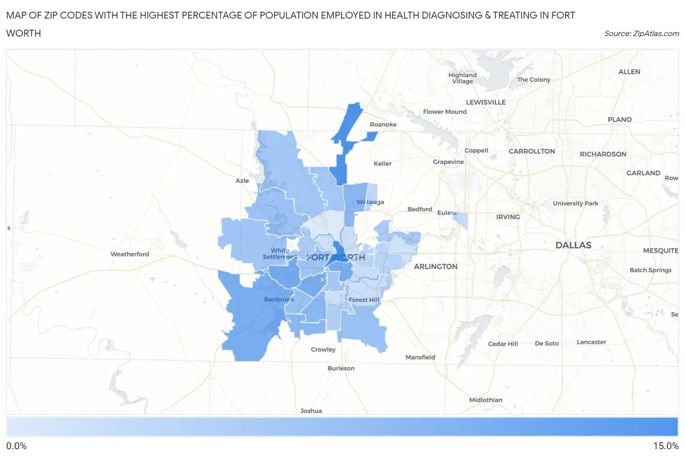 Zip Codes with the Highest Percentage of Population Employed in Health Diagnosing & Treating in Fort Worth Map