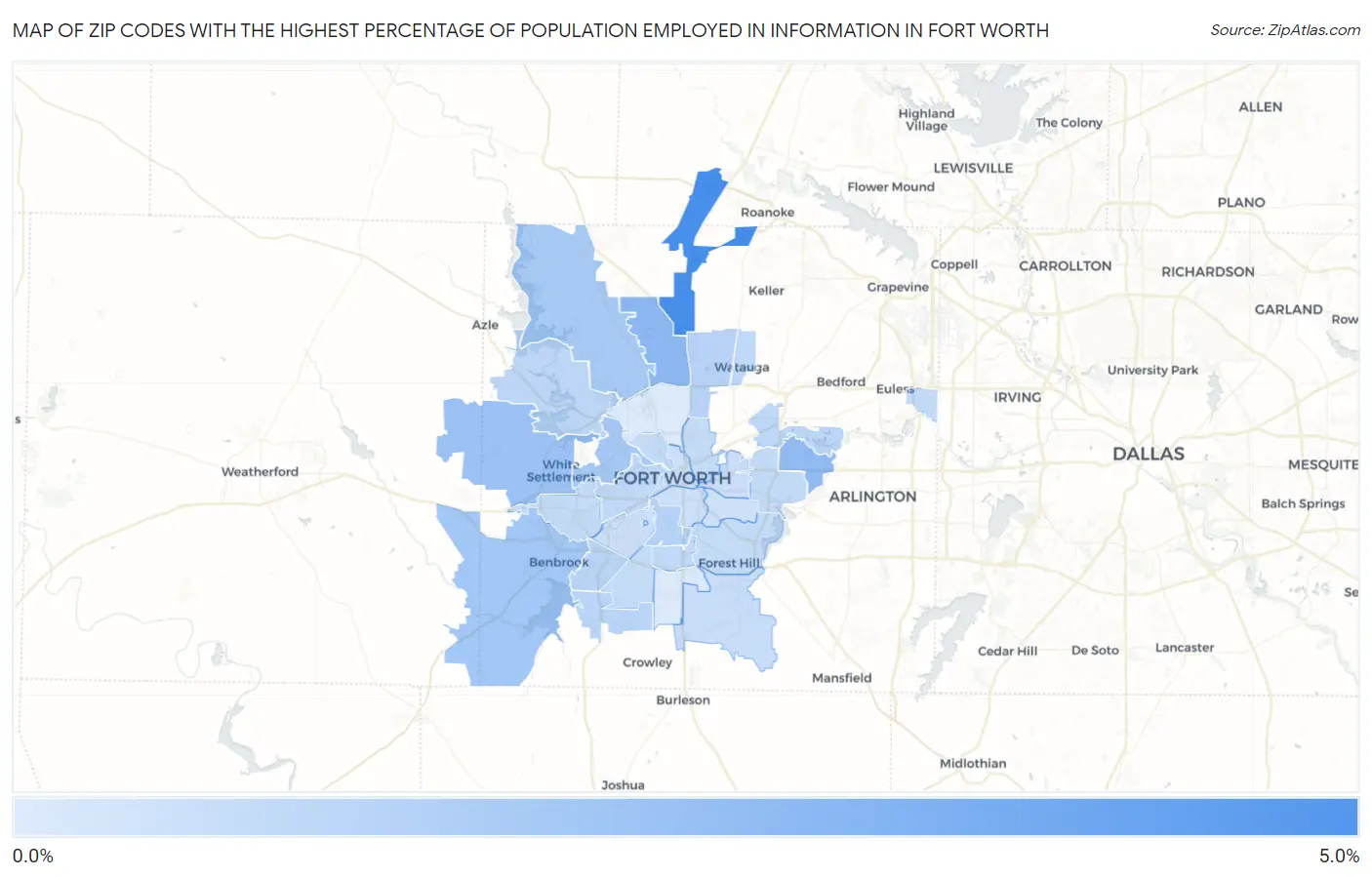 Zip Codes with the Highest Percentage of Population Employed in Information in Fort Worth Map