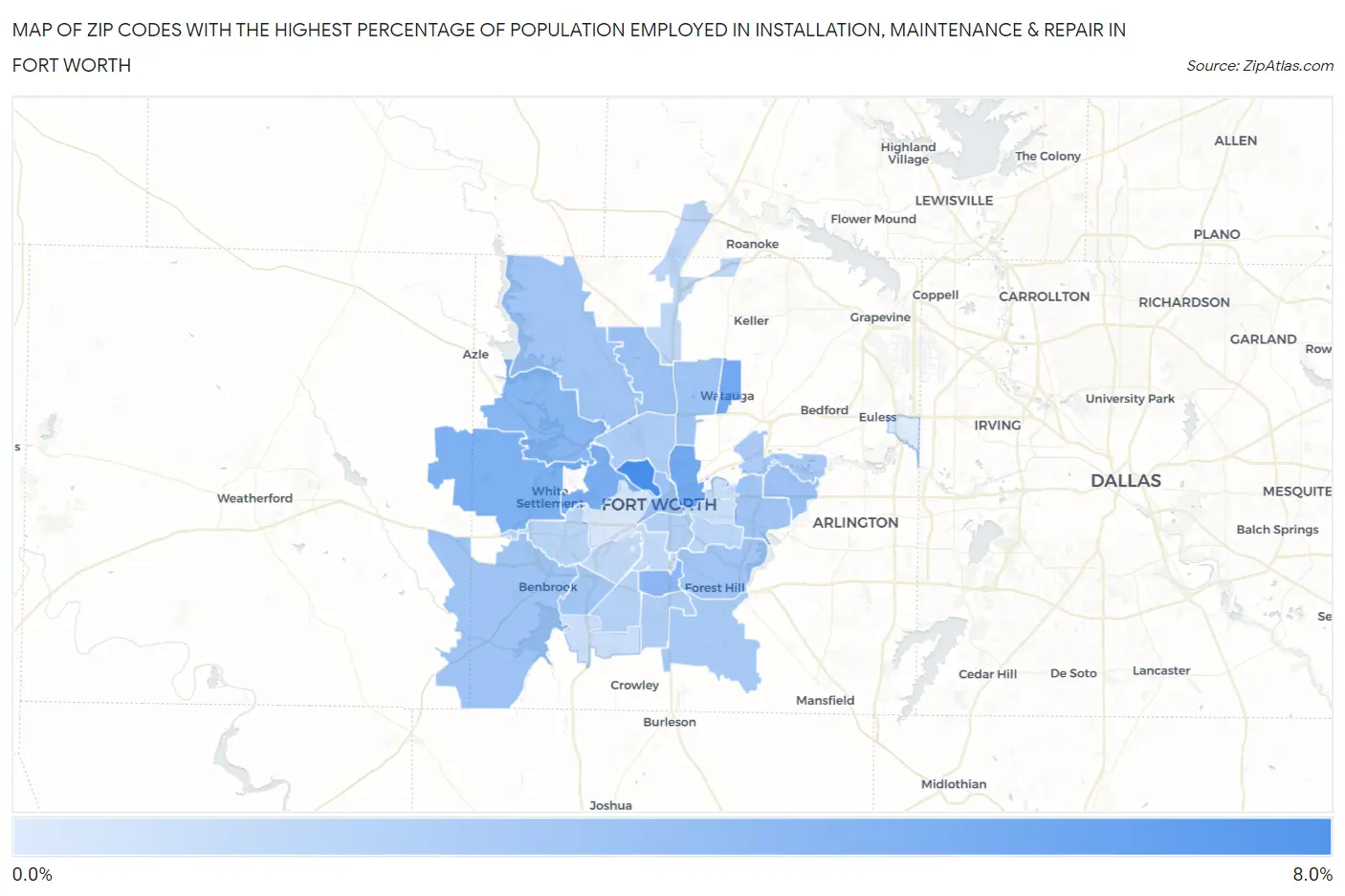 Zip Codes with the Highest Percentage of Population Employed in Installation, Maintenance & Repair in Fort Worth Map