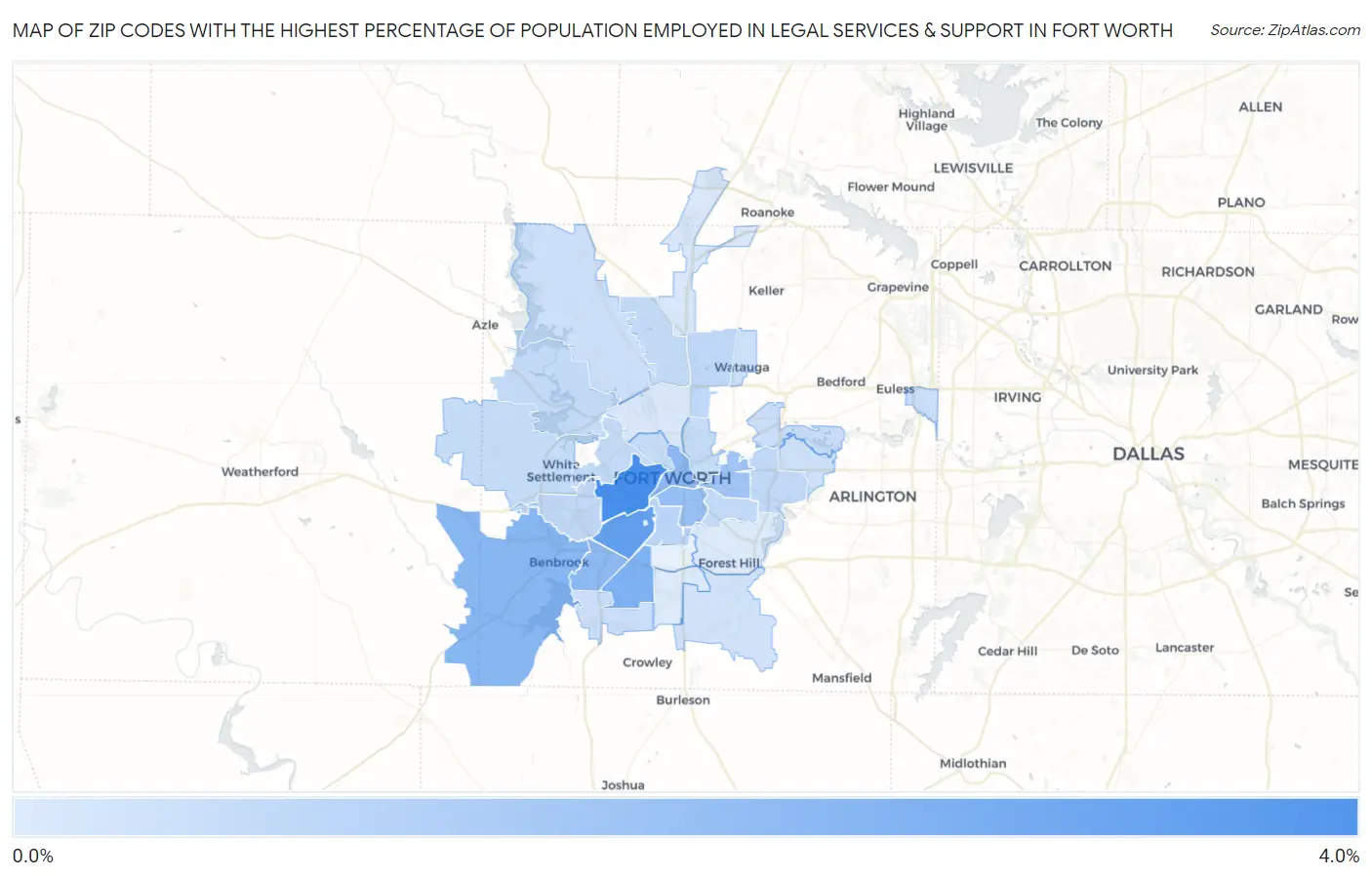Zip Codes with the Highest Percentage of Population Employed in Legal Services & Support in Fort Worth Map
