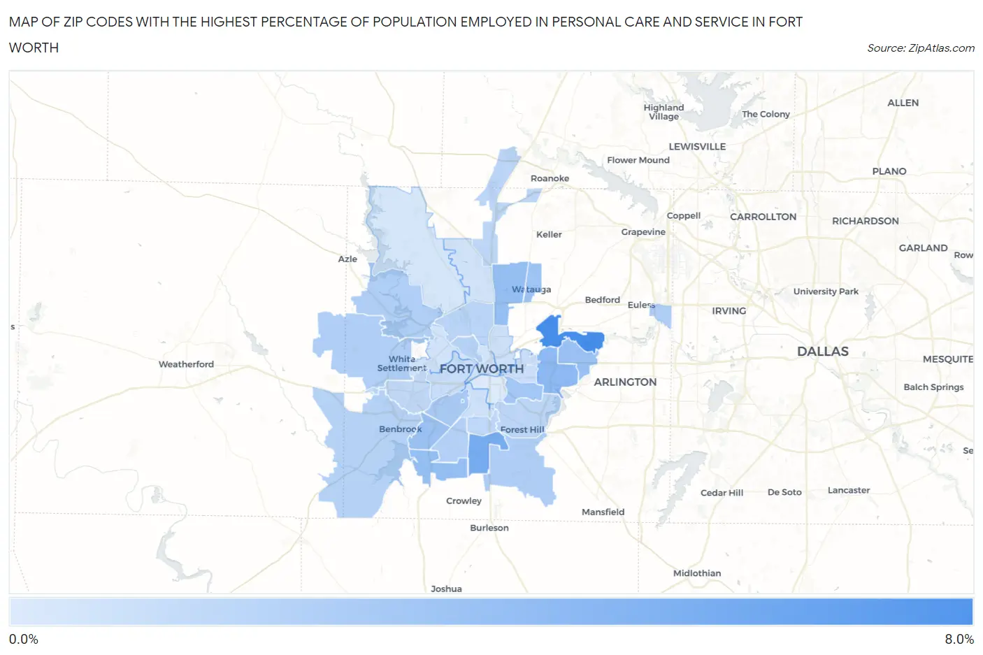 Zip Codes with the Highest Percentage of Population Employed in Personal Care and Service in Fort Worth Map