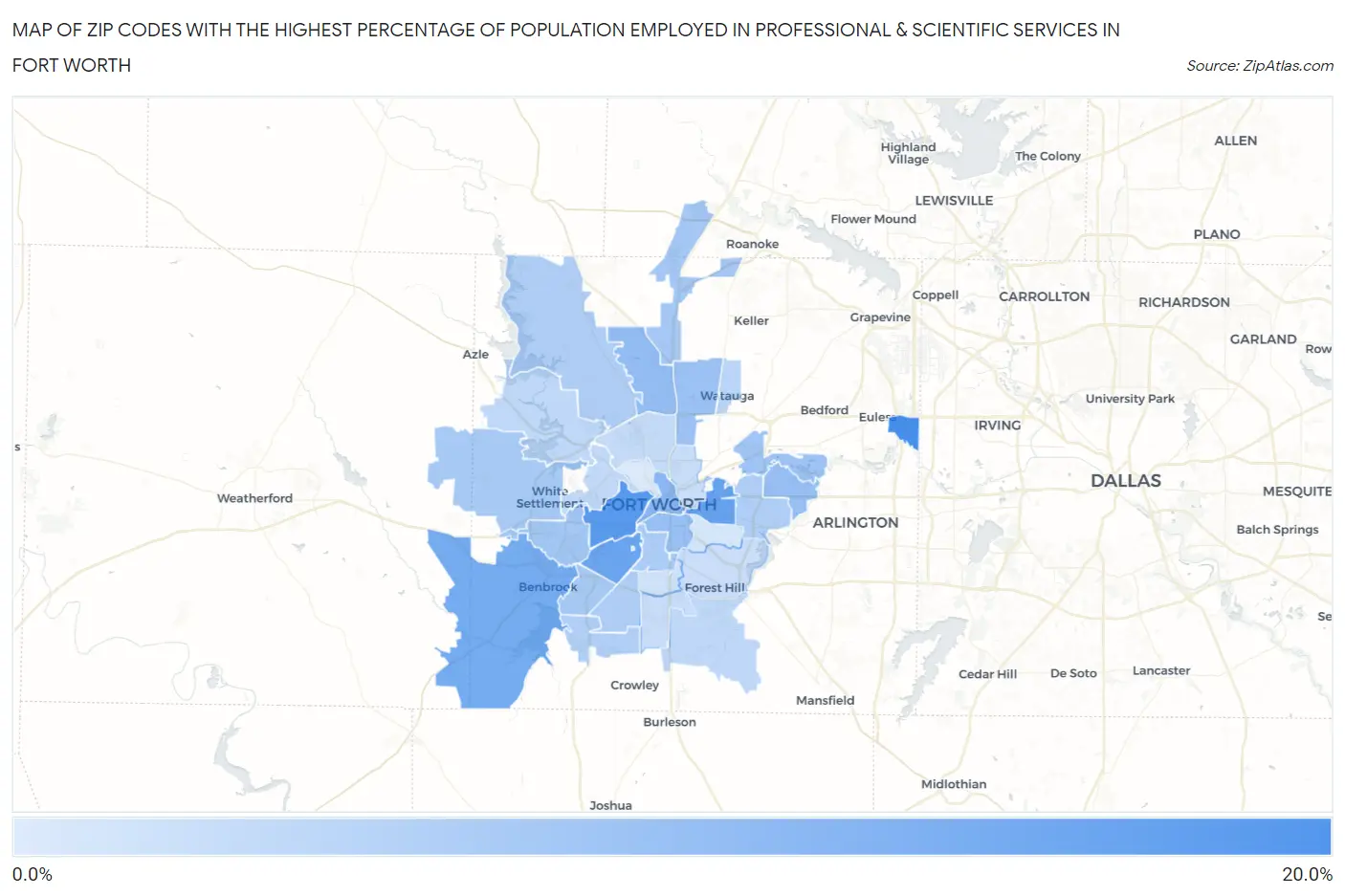 Zip Codes with the Highest Percentage of Population Employed in Professional & Scientific Services in Fort Worth Map