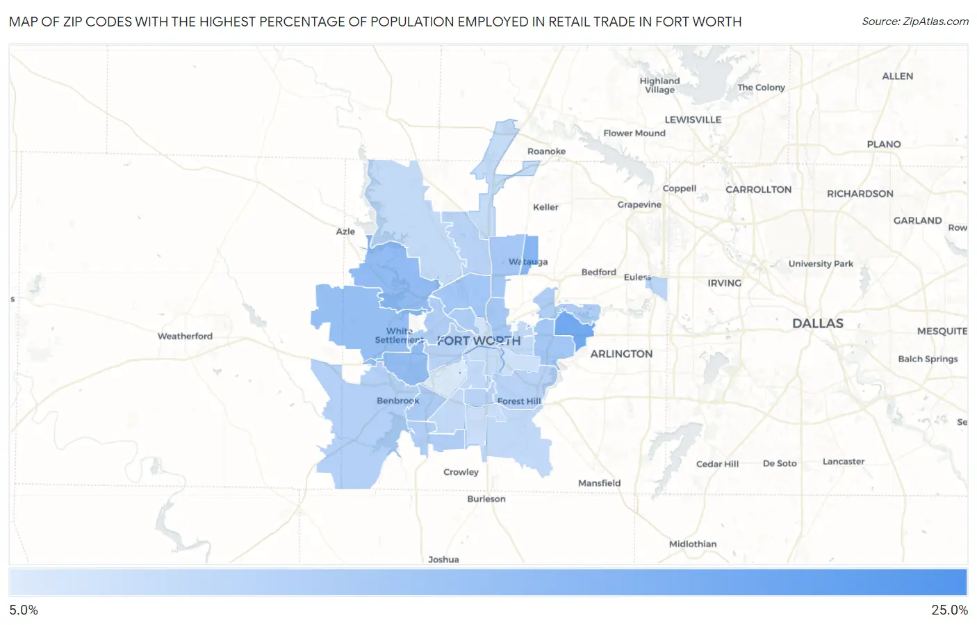 Zip Codes with the Highest Percentage of Population Employed in Retail Trade in Fort Worth Map
