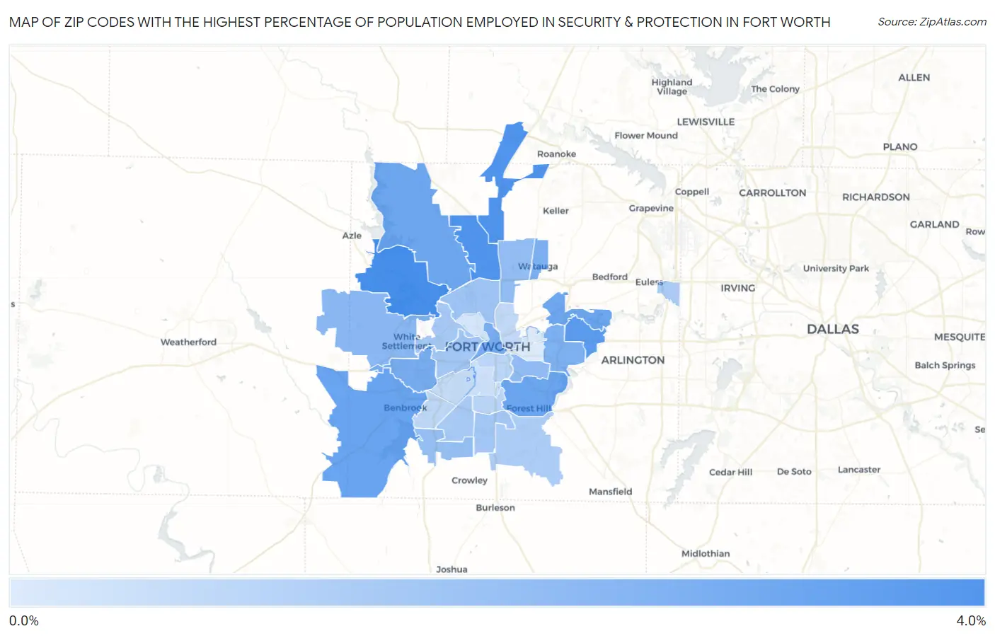 Zip Codes with the Highest Percentage of Population Employed in Security & Protection in Fort Worth Map