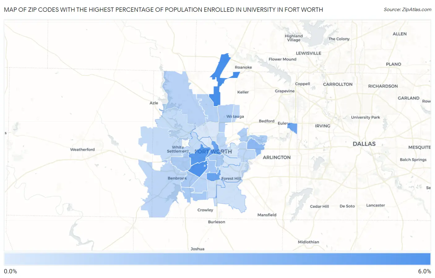 Zip Codes with the Highest Percentage of Population Enrolled in University in Fort Worth Map