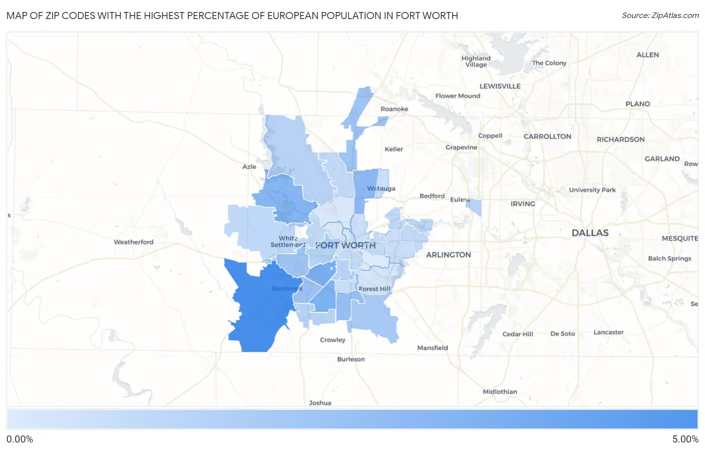 Zip Codes with the Highest Percentage of European Population in Fort Worth Map