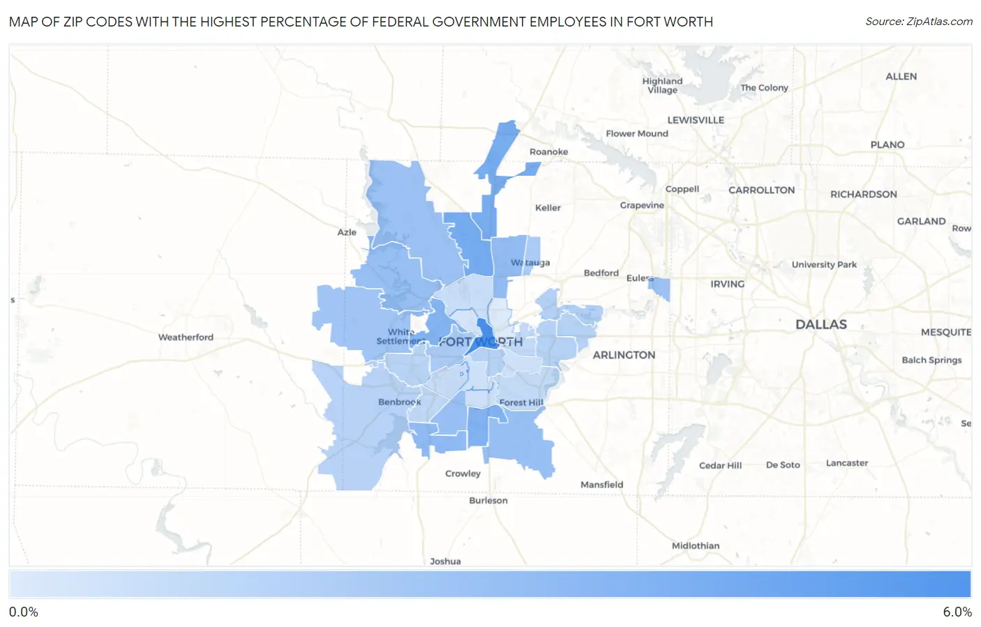 Zip Codes with the Highest Percentage of Federal Government Employees in Fort Worth Map