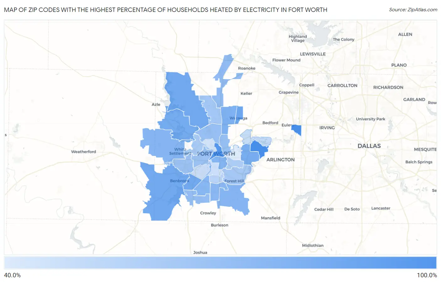 Zip Codes with the Highest Percentage of Households Heated by Electricity in Fort Worth Map