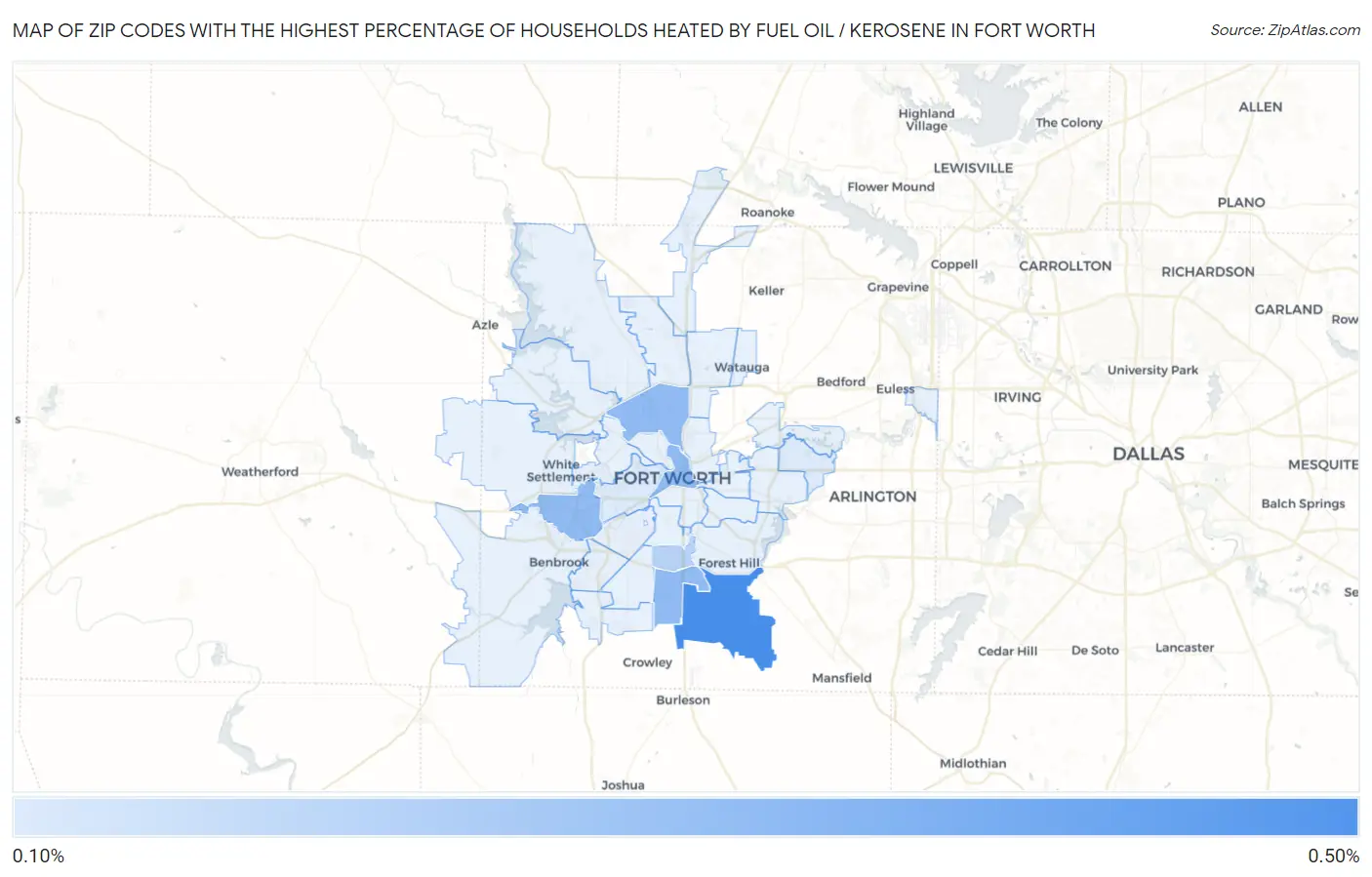 Zip Codes with the Highest Percentage of Households Heated by Fuel Oil / Kerosene in Fort Worth Map
