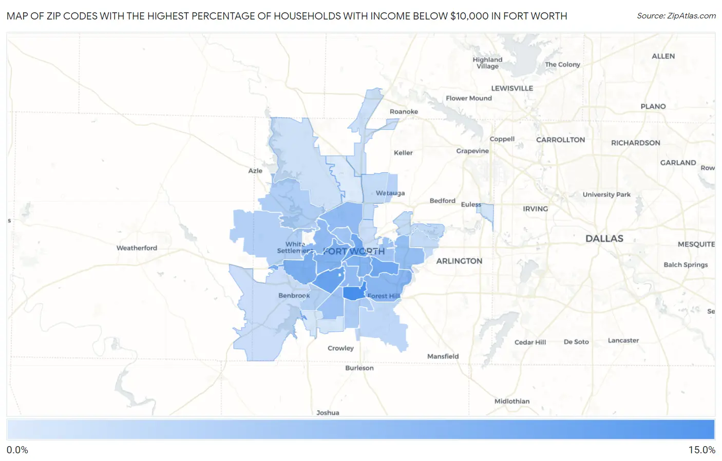 Zip Codes with the Highest Percentage of Households with Income Below $10,000 in Fort Worth Map