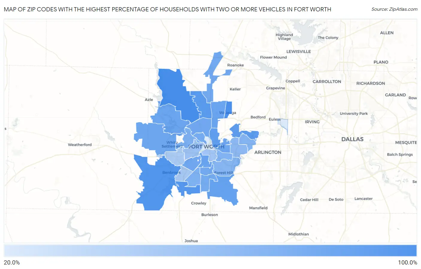 Zip Codes with the Highest Percentage of Households With Two or more Vehicles in Fort Worth Map
