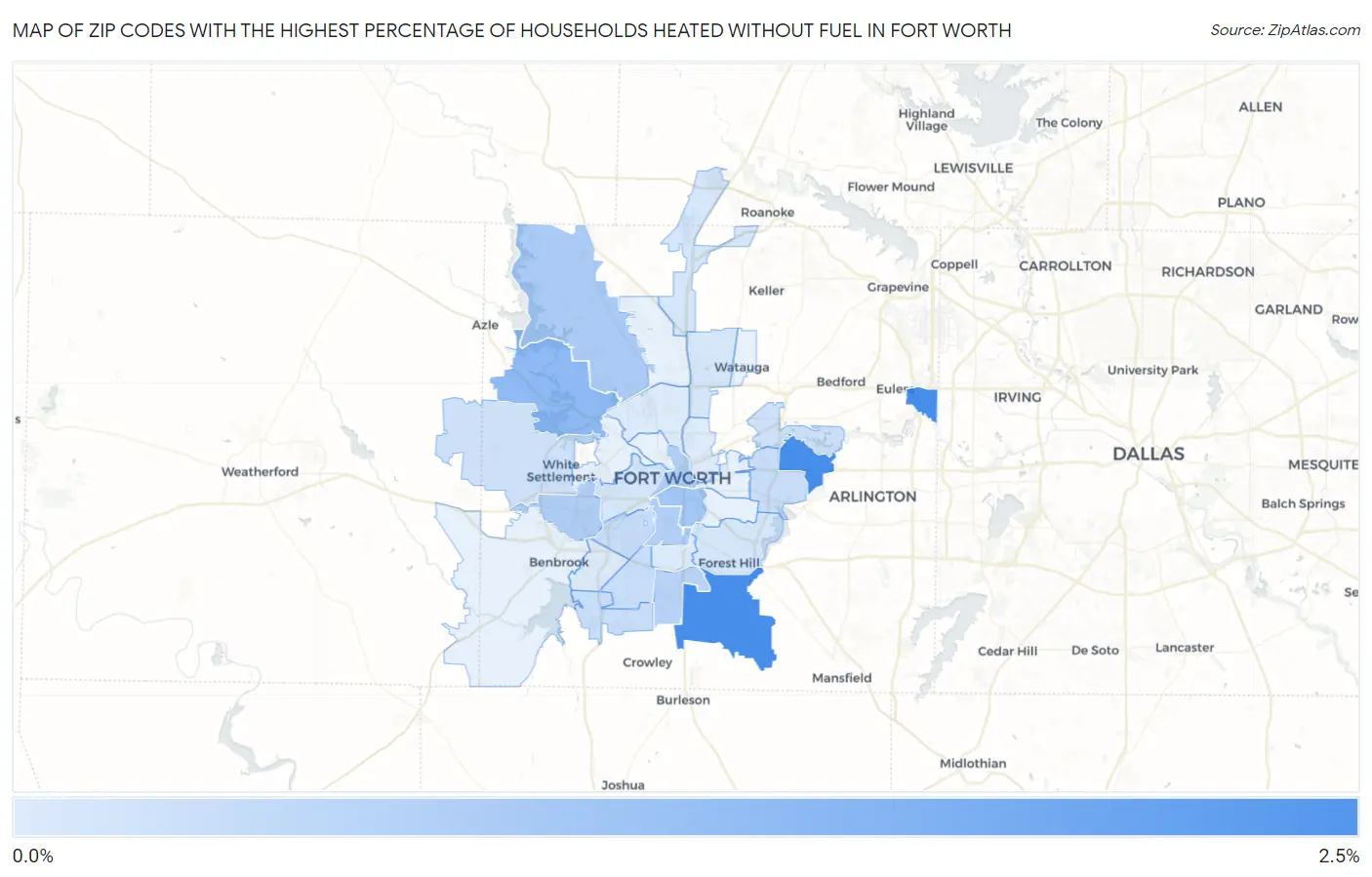 Zip Codes with the Highest Percentage of Households Heated without Fuel in Fort Worth Map