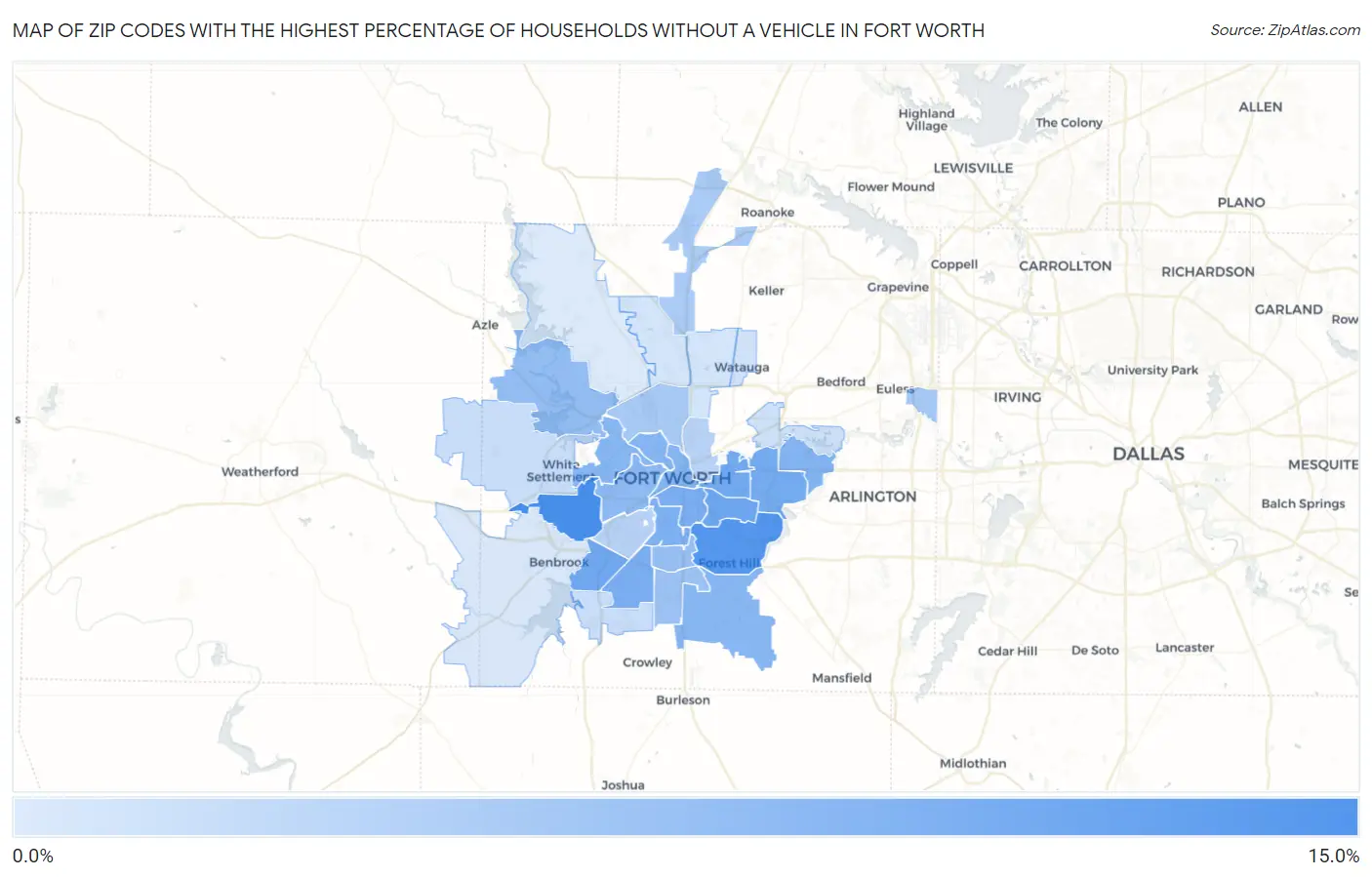 Zip Codes with the Highest Percentage of Households Without a Vehicle in Fort Worth Map