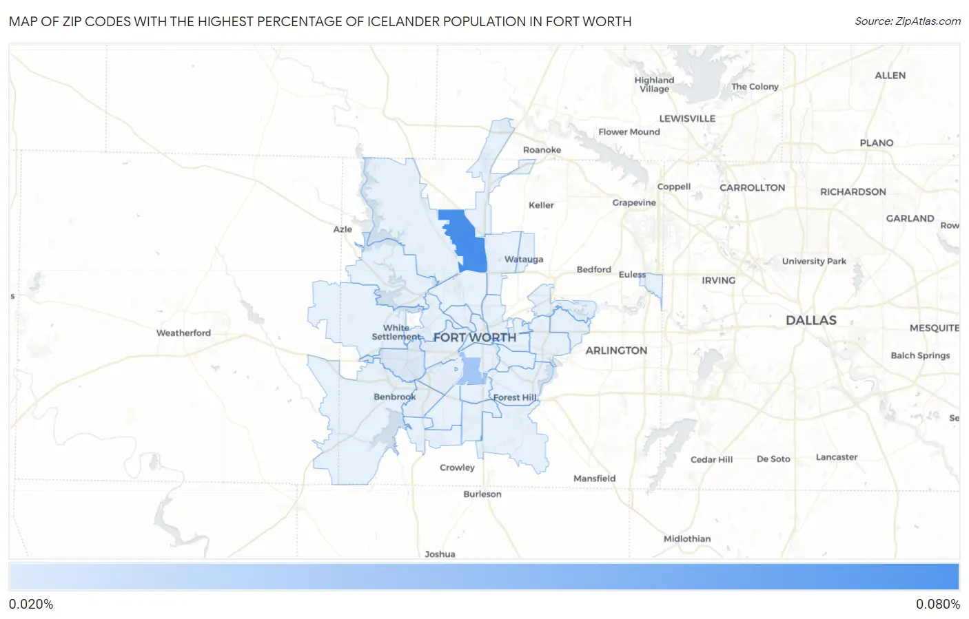 Zip Codes with the Highest Percentage of Icelander Population in Fort Worth Map