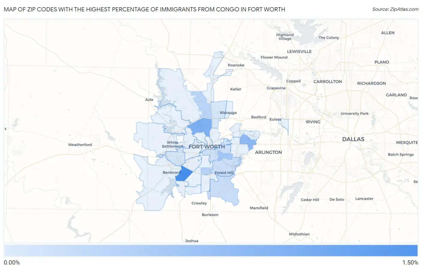 Zip Codes with the Highest Percentage of Immigrants from Congo in Fort Worth Map