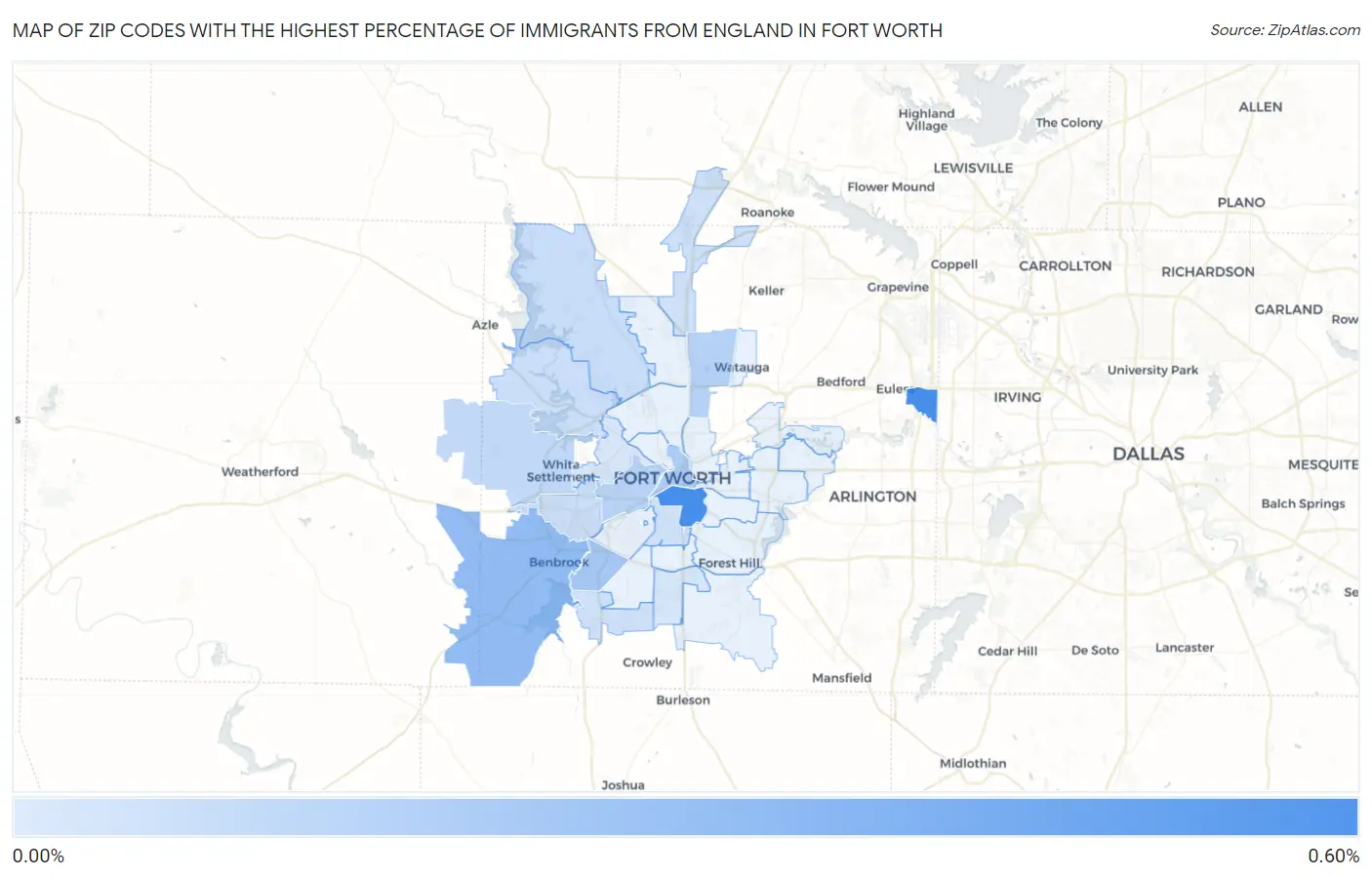 Zip Codes with the Highest Percentage of Immigrants from England in Fort Worth Map