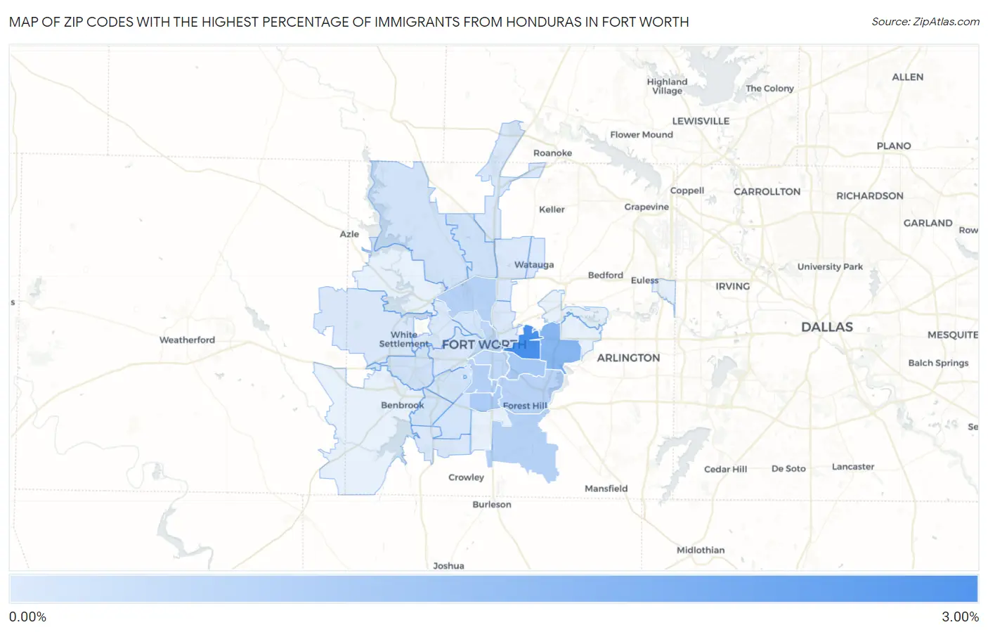 Zip Codes with the Highest Percentage of Immigrants from Honduras in Fort Worth Map