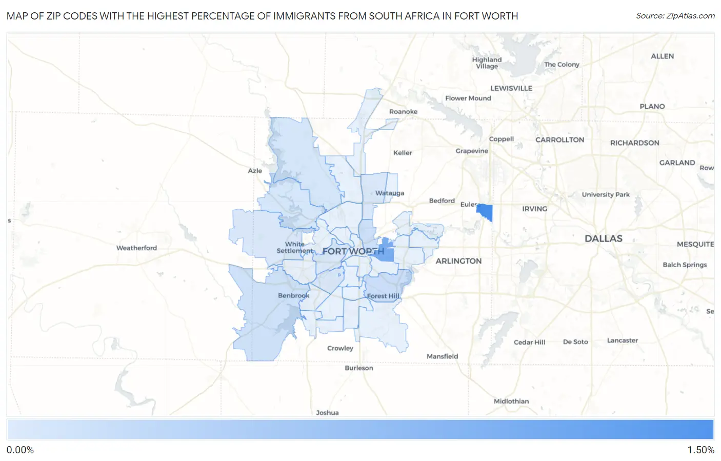 Zip Codes with the Highest Percentage of Immigrants from South Africa in Fort Worth Map