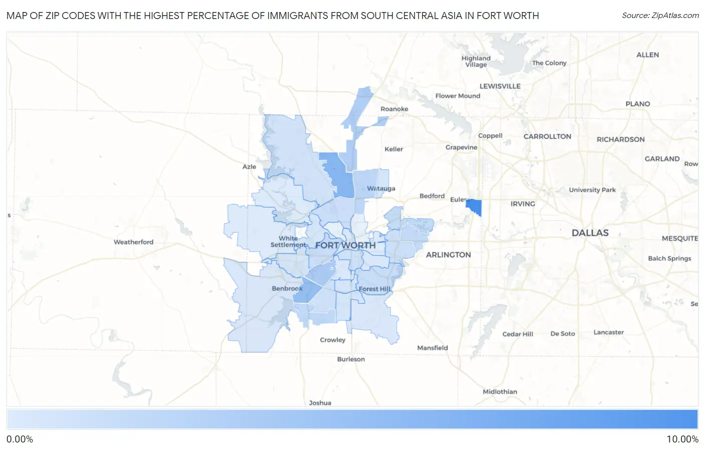 Zip Codes with the Highest Percentage of Immigrants from South Central Asia in Fort Worth Map